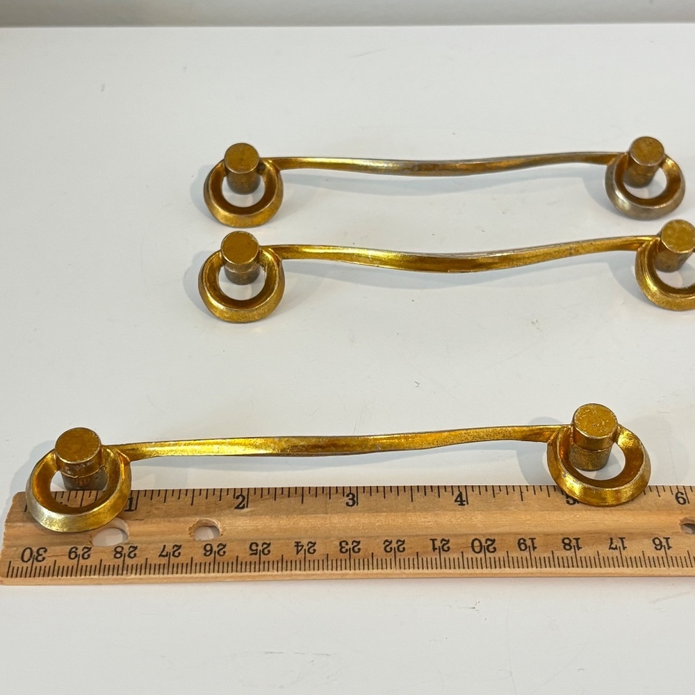 MCM Set of THREE drawer pulls mid century dresser handles gold toned 5.5" wide - Picture 4 of 12